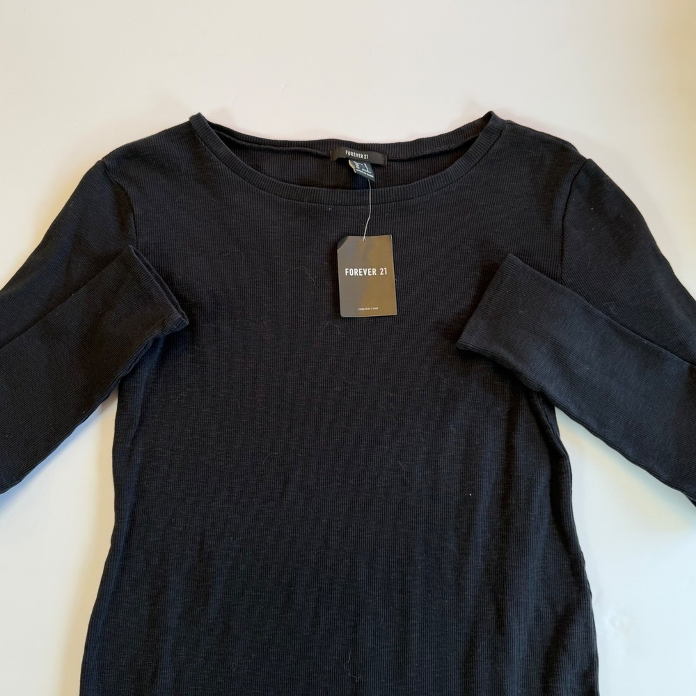 Forever 21 Womens Black Ribbed Long Sleeve Asymmetrical Hem Midi Dress Large NEW